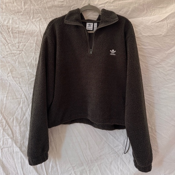 NWOT Adidas cropped dark green quarter zip fleece toddy pullover - Picture 1 of 4